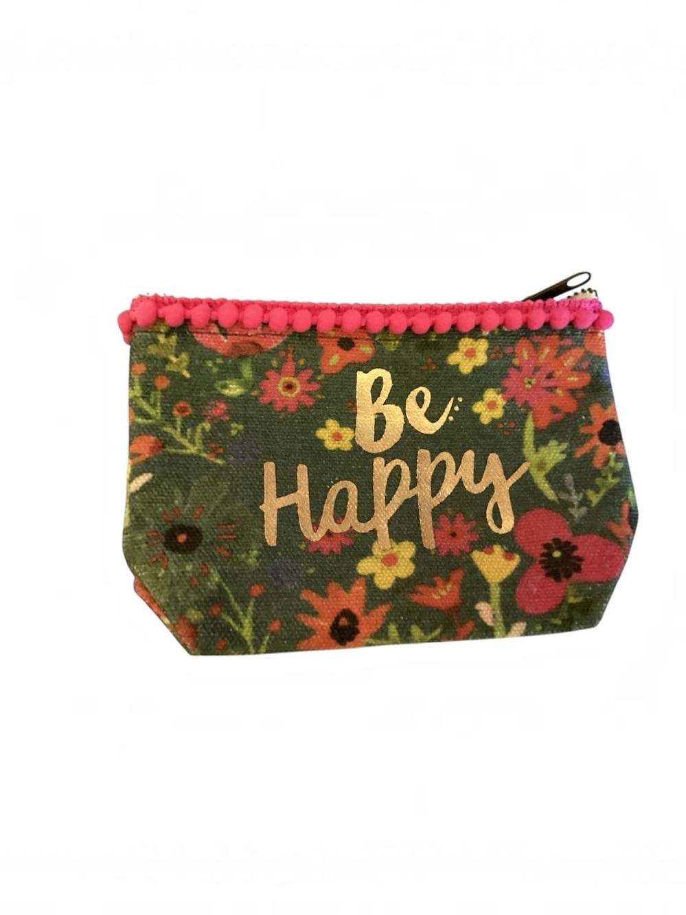 Natural Life Be Happy Floral Pom Trim Coin Purse
